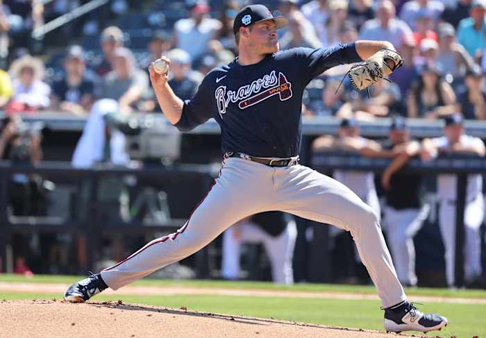 Feb 26, 2023; Tampa, Florida, USA; Atlanta Braves starting pitcher Bryce Elder (55) throws a pitch during the first inning against the New York Yankees at George M. Steinbrenner Field.